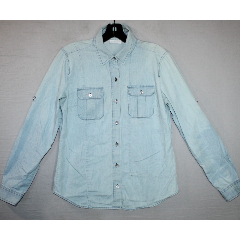 New York & Company Womens Small Blue Denim Roll Tab Sleeve Button Up Cotton